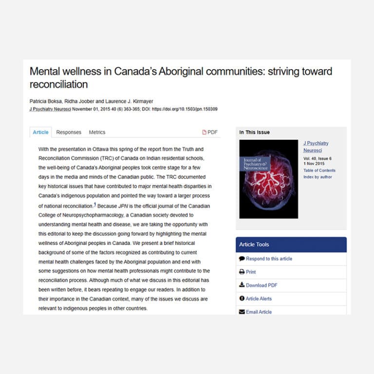 Mental Wellness in Canada’s Aboriginal communities striving toward reconciliation