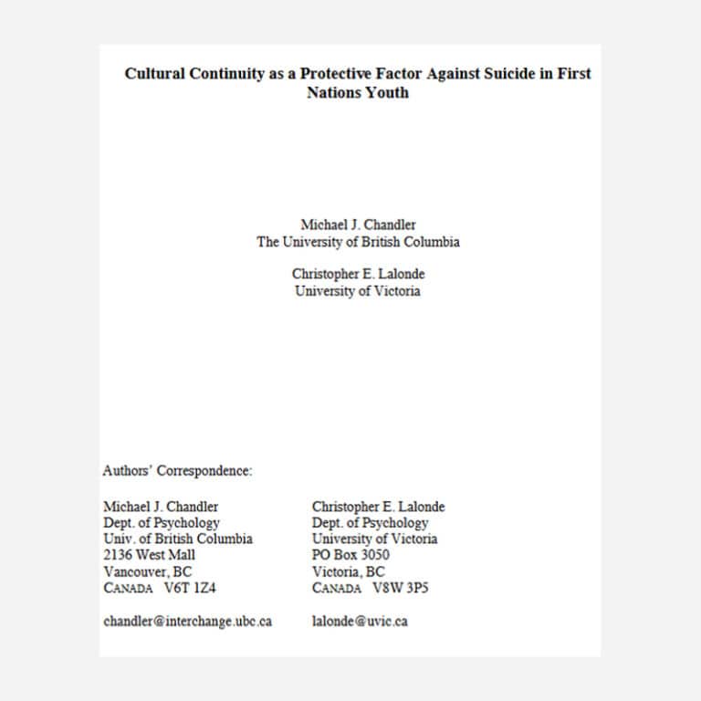 Cultural Continuity as a Protective Factor Against Suicide in First Nations Youth