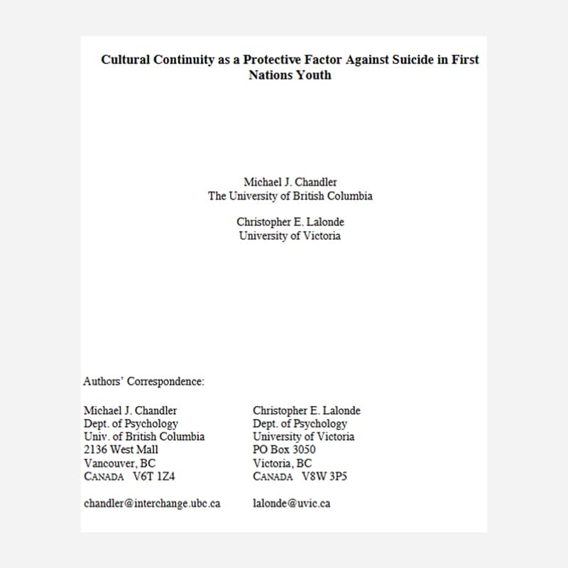 Cultural Continuity as a Protective Factor Against Suicide in First Nations Youth