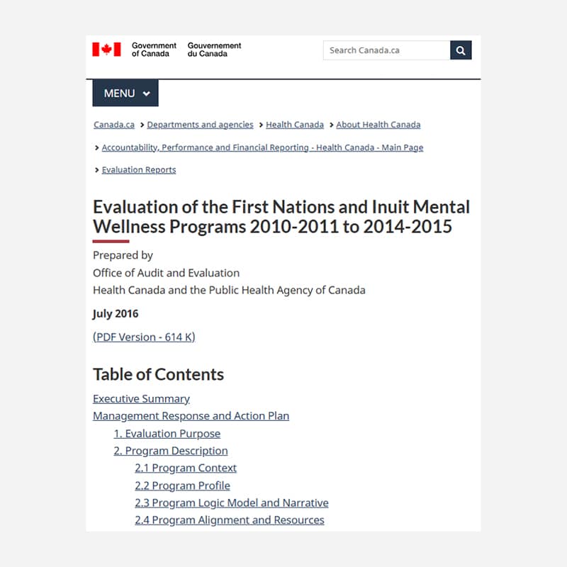 Screenshot of Evaluation of the First Nations and Inuit Mental Wellness Programs 2010-2011 to 2014-2015 by Government of Canada
