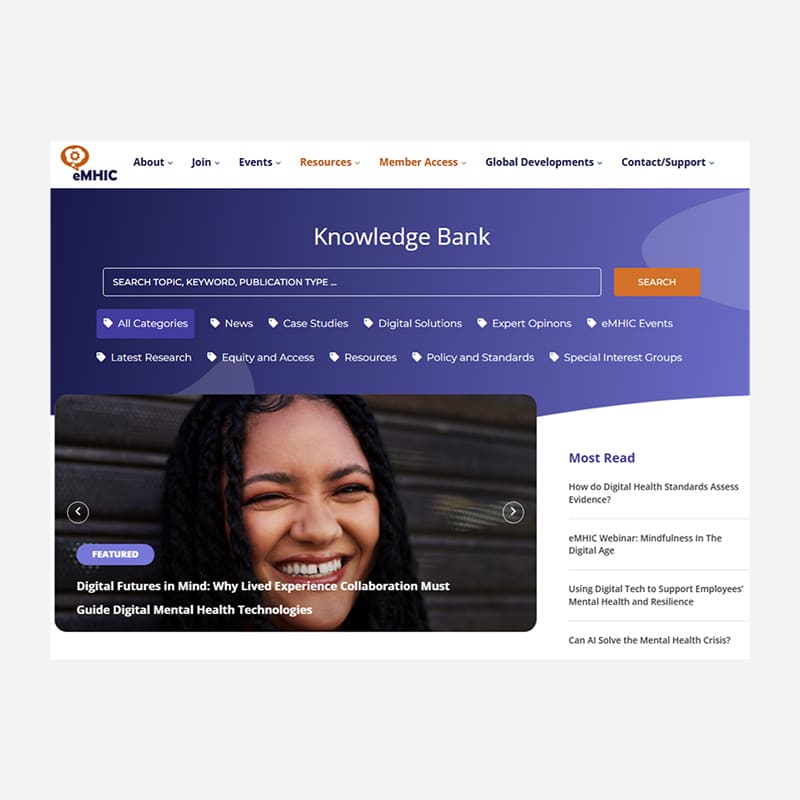 Screenshot of website Knowledge Bank by eMHIC