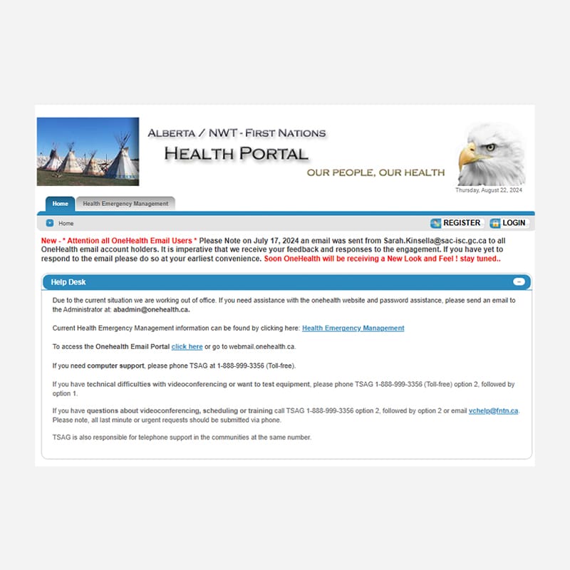 Screenshot of website for One Health Portal: Alberta and NWT