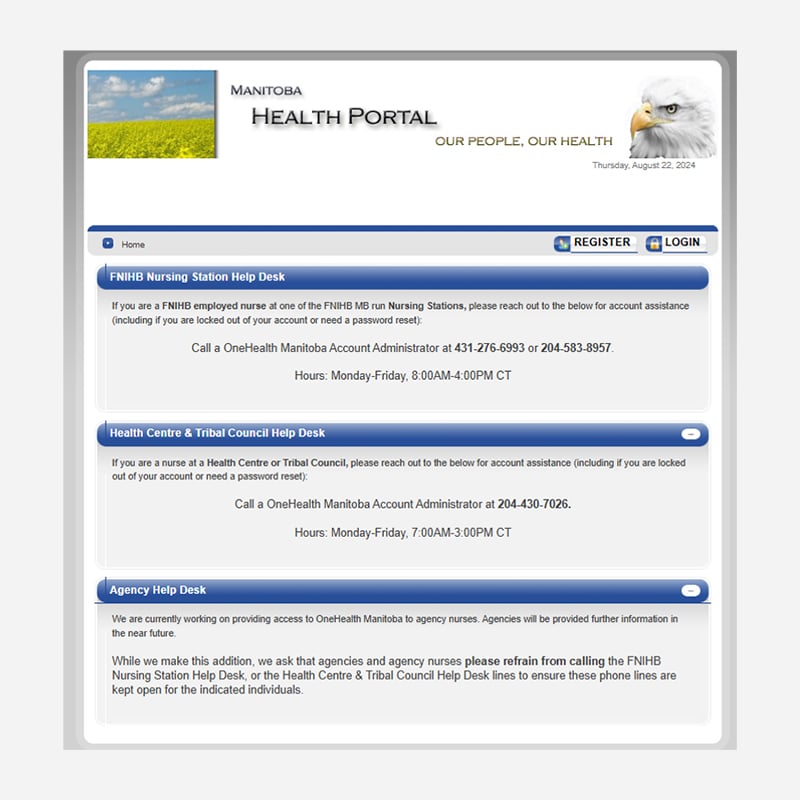 Screenshot of website for One Health Portal: Manitoba