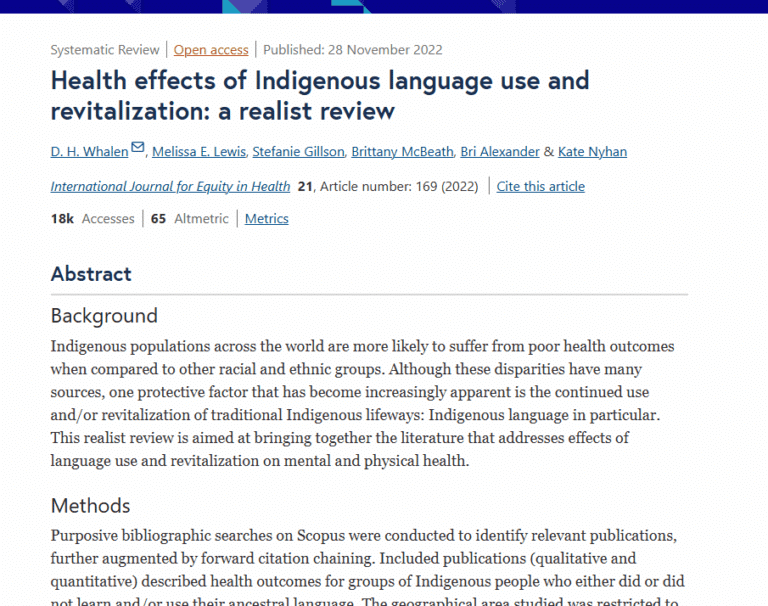 Health effects of Indigenous language use and revitalization: a realist review. International Journal for Equity in Health