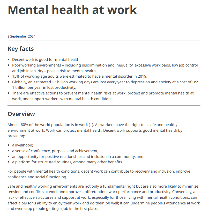 World Health Organization: Mental health at work