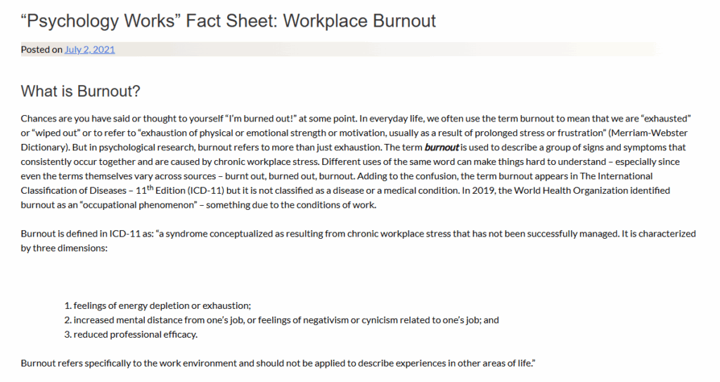 “Psychology Works” Fact Sheet: Workplace Burnout